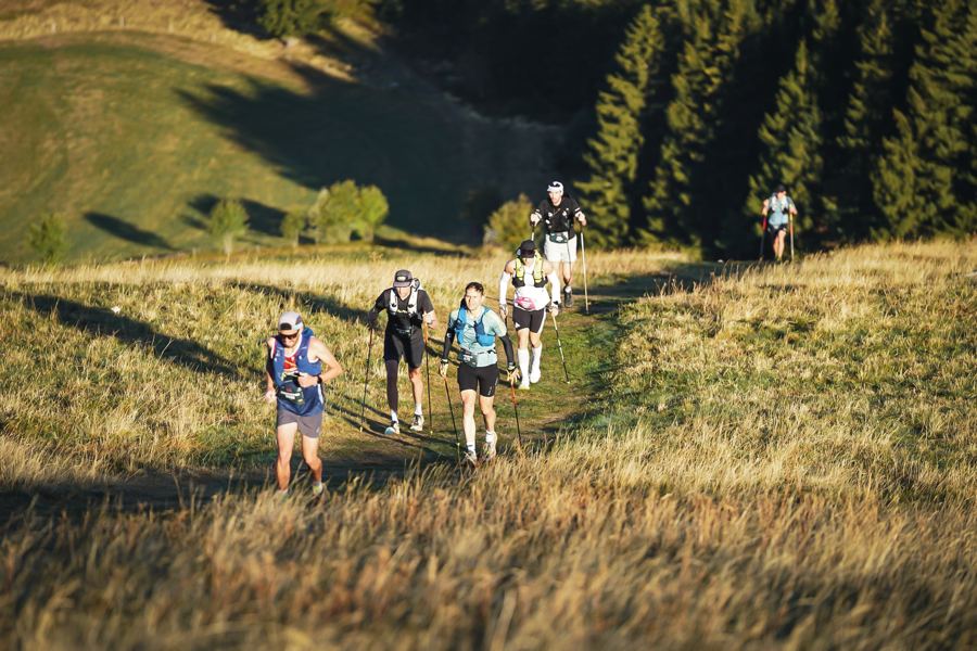 Läufergruppe auf einem Wiesenpfad am Hang